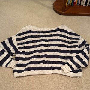 aerie Navy and White Striped Cropped Crewneck Sweater